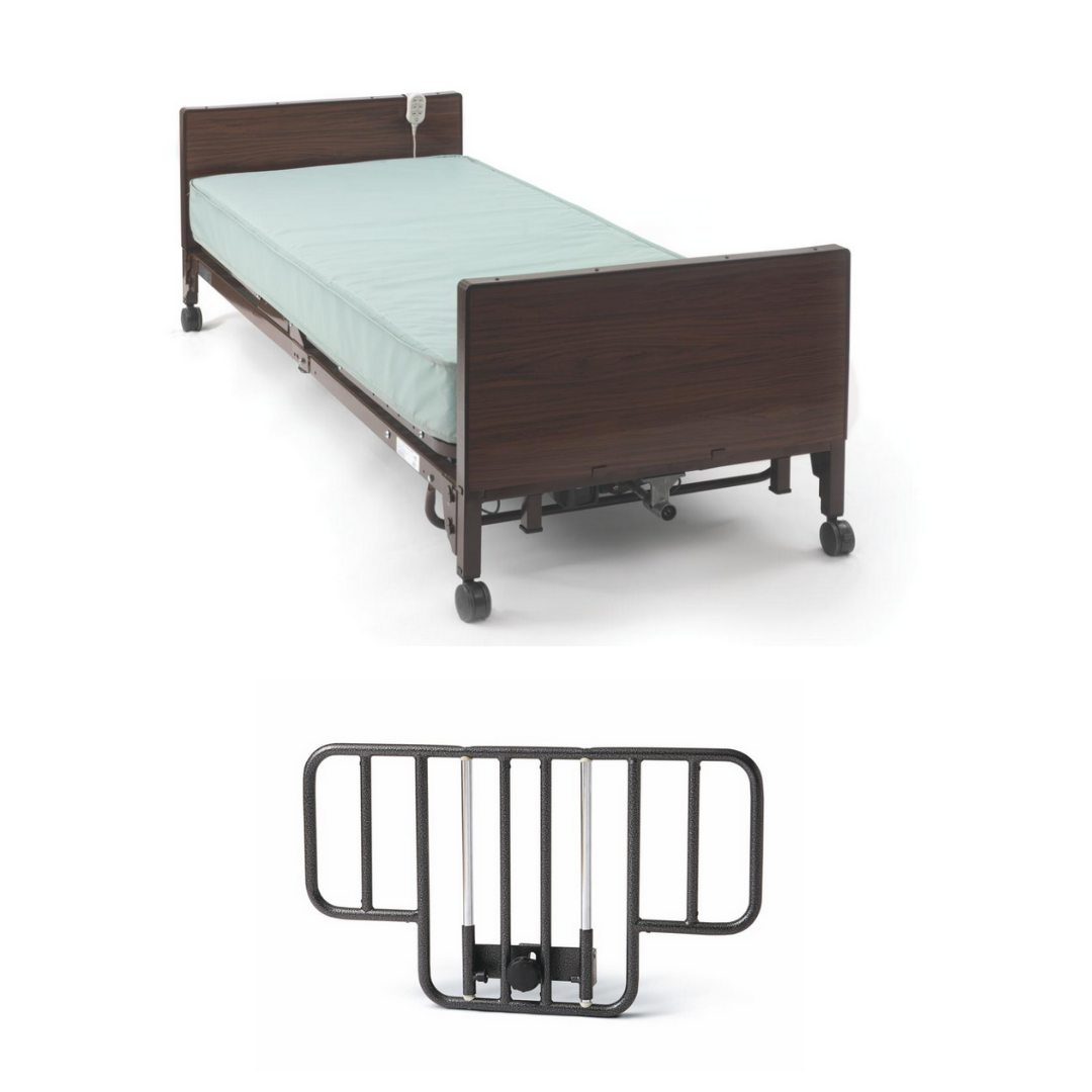 The Medline MedLite Semi-Electric Homecare Bed features a light blue mattress, detachable black metal side rail, and wheels, offering a lightweight design ideal for homecare with enhanced patient safety.